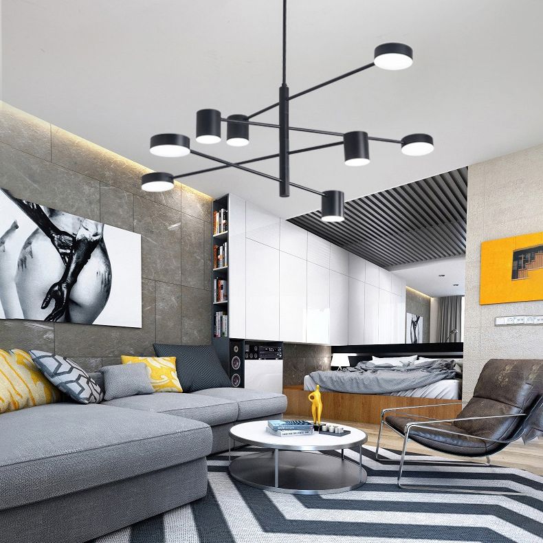 Black Metal Linear Hanging Chandelier Light Modern Drum Shade LED Ceiling Chandelier for Living Room