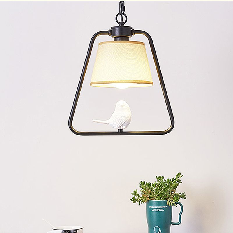 Black/White Cone Pendant Ceiling Light Traditional Fabric 1 Light Living Room Hanging Lamp with Bird