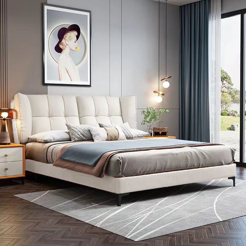 Modern Standard Bed Pine Wood Bed with Upholstered Headboard
