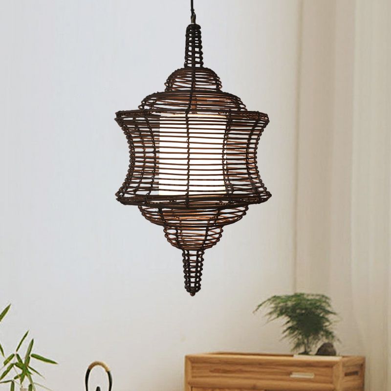 Curvy Ceiling Lamp Asia Rattan 1 Bulb Coffee Hanging Pendant Light with Inner White Tubular Shade