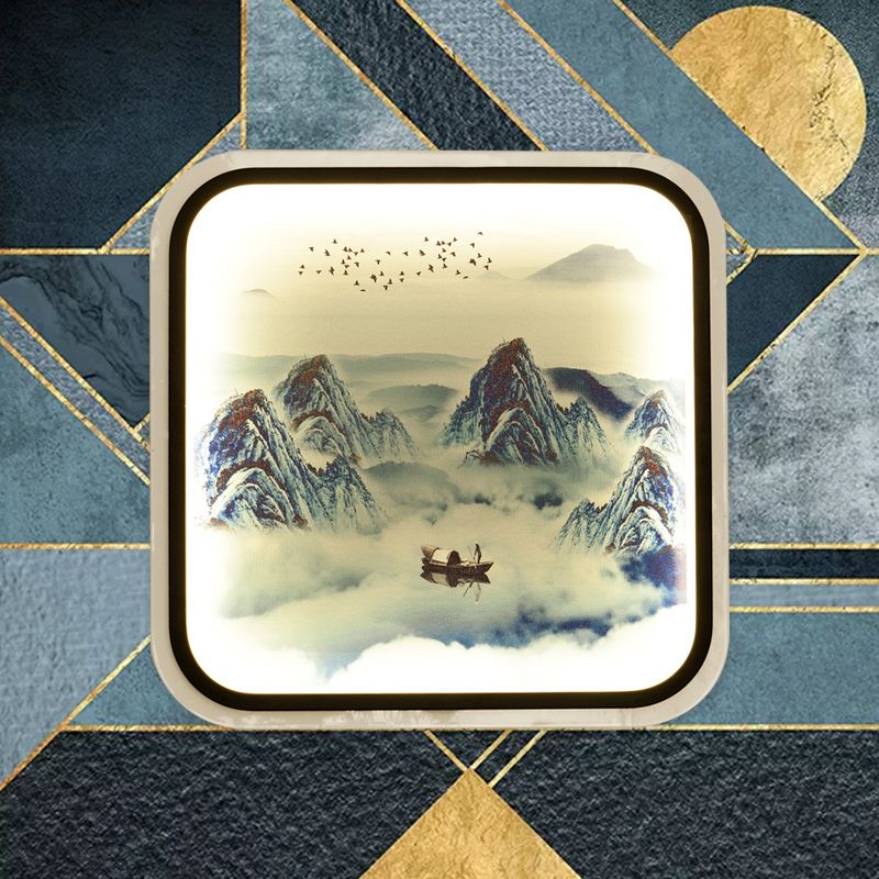 Mountain Patterned Square Mural Lamp Chinese Style Fabric Grey/Blue LED Flush Mount Wall Light for Living Room