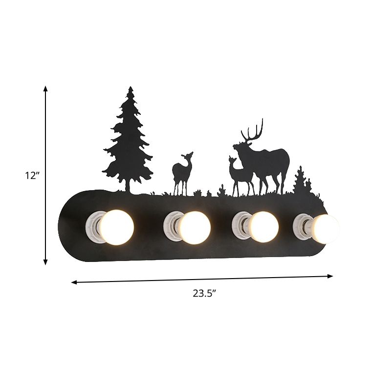 Lodge Open Bulb Wall Light with Elk/Horse/Sheep/Mountain/Windmill/Tree Design 4 Bulbs Metallic Wall Sconce in Black for Indoor