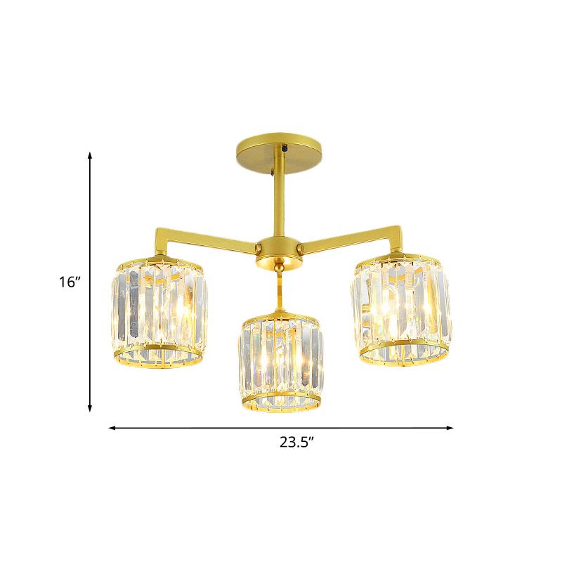 Cilindro de cristal K9 Semi Flush Postmoderno 3/6 Bulbos Sala de estar Techo Monte en oro