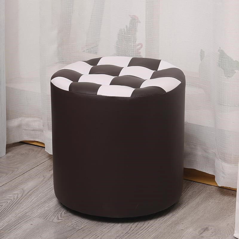 Contemporary Pouf Ottoman Faux Leather Upholstered Tufted Square Pattern Round Ottoman