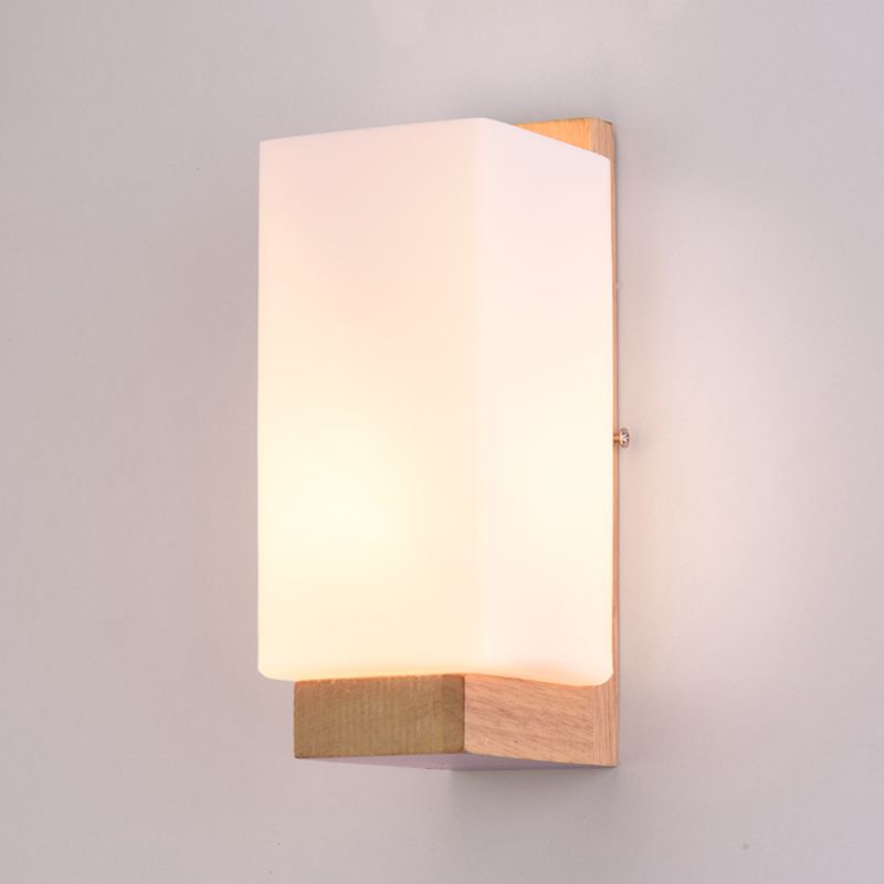 Nordic Wood Wall Light Cuboid 9" Wide Wall Sconce with White Glass for Bedroom