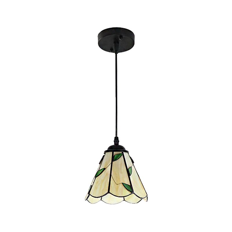 Silver/Black 1 Head Pendant Lamp Tiffany-Style Stained Glass Tapered Hanging Light Fixture with Leaf Pattern