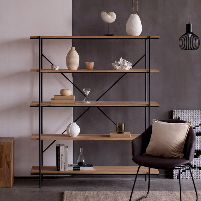 Industriële open etagere boekenplank van 5 plank met ijzeren frame dennenhoutplank