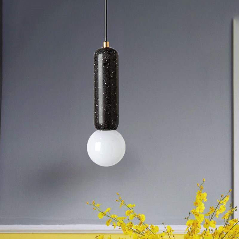 Capsule Pendant Minimalism Marble 1 Light Bedside Mini Hanging Lamp with Orb Opal Glass Shade in White/Black