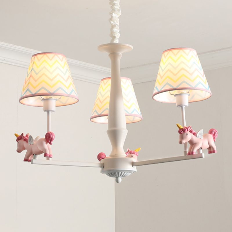 Patterned Fabric Tapered Chandelier Pendant Light Cartoon Pink Hanging Light with Unicorn Decor