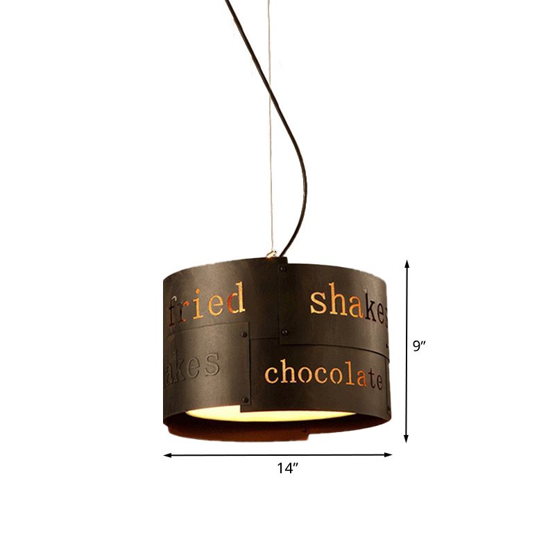3-Head Drum Chandelier Lighting Antiqued Black Iron Panel Ceiling Hang Fixture with Lettering Design