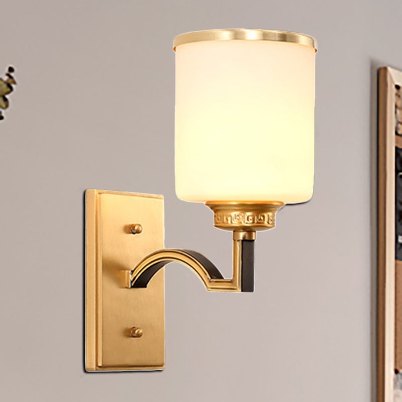 Lámpara de pared de vidrio cilíndrico de leche estilo tradicional 1/2 luces de sala de estar en oro
