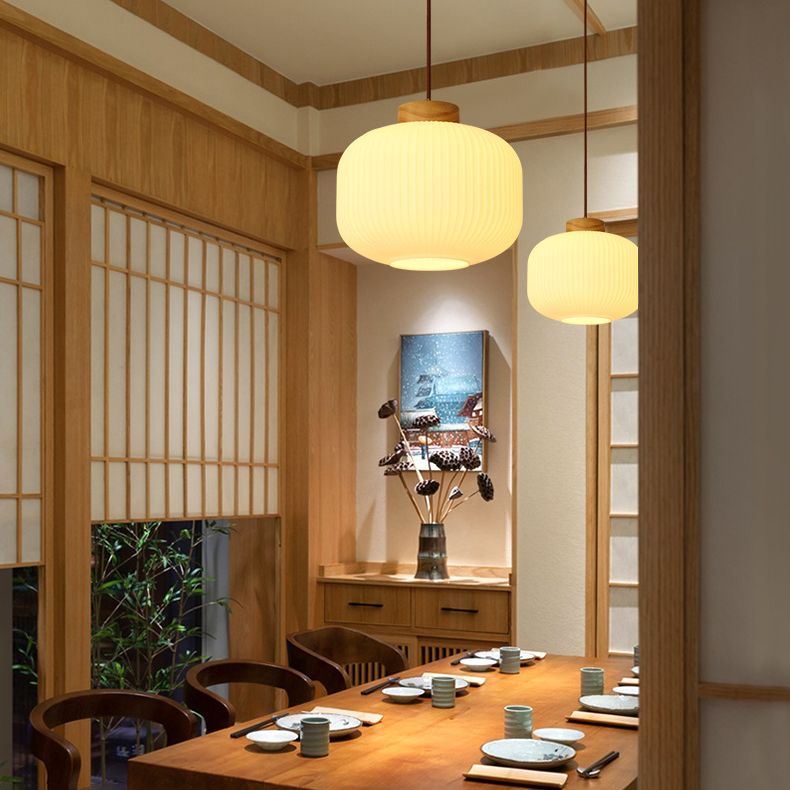 White Wooden Pendant Light in Modern Concise Style Glass Drum Hanging Light for Dining Room