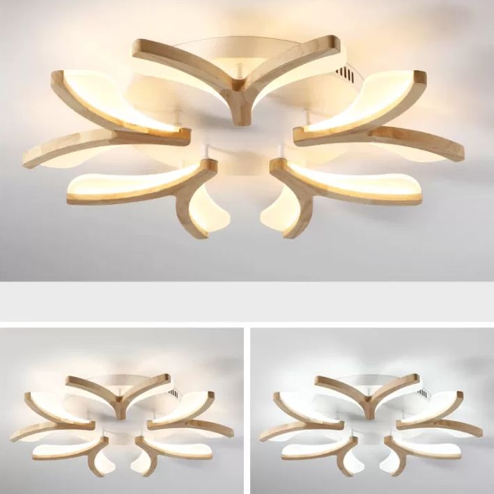 Wooden Floral Semi Flush Light Minimalist White LED Ceiling Light for Living Room