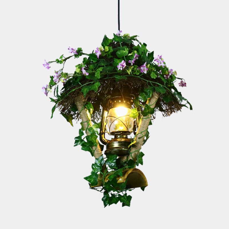 1 Glühbirne Bambus Anhänger Leuchte Leuchte Industrielle grüne Zylinder/Kerosinlampe Restaurant LED -Pflanze Hängelampe