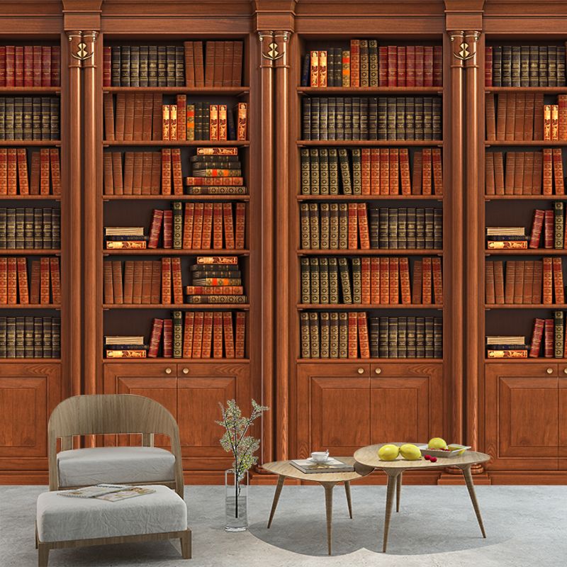 Red Brown Book Cabinet Mural Decal Water-Proof Contemporary Office Wall Art, Size Optional