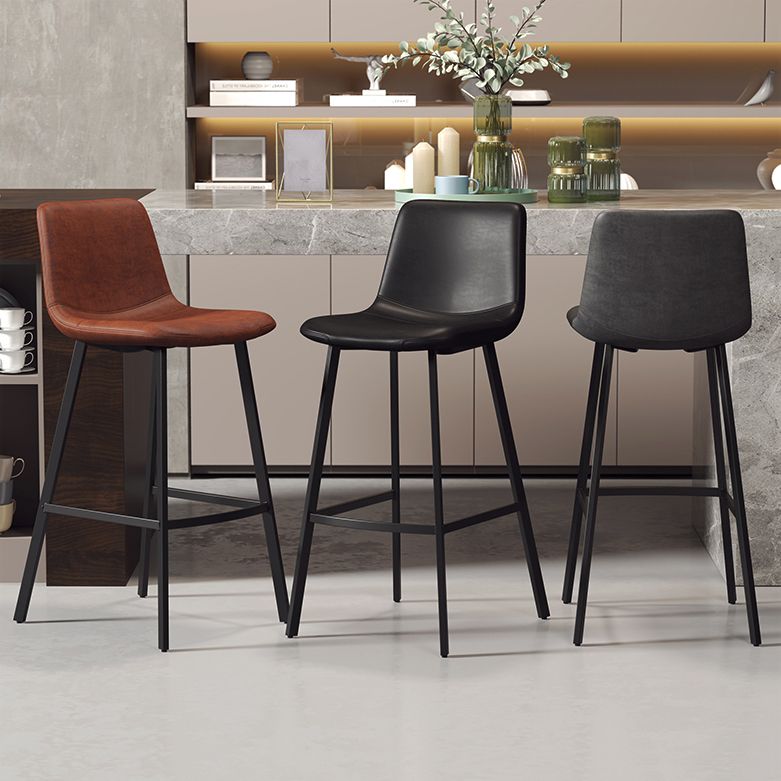 30-inch Glam Iron Barstool Distressed Low Back Indoor Tall Stool with Leather Seat