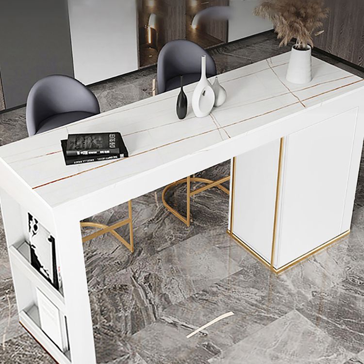 Stone Top Bar Stool Table Glam Style Rectangle Pub Table with Storage