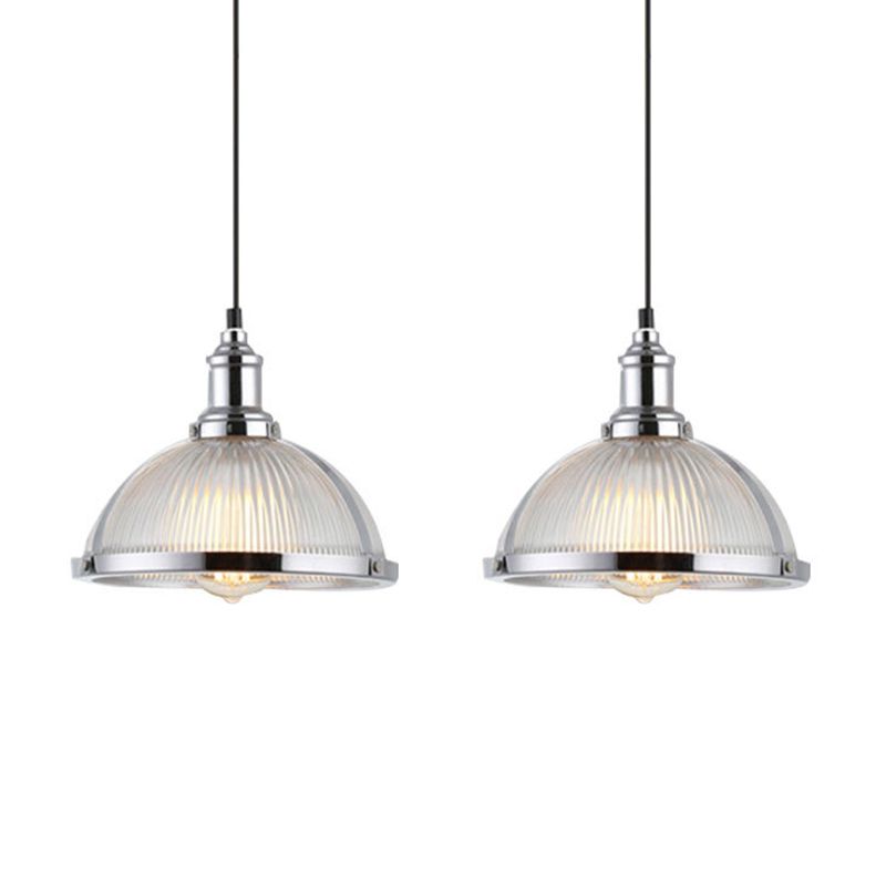 Ribbed Frosted Glass Dome Shade Hanging Light Metal Lamp Holder Bedside Lamp with 59" Adjustable Hanging Cord