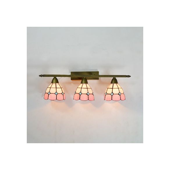 Yellow/Pink/Green/Blue Dome Wall Sconce Lamp Vintage Tiffany 3 Lights Wall Mount Light in Brass for Bathroom