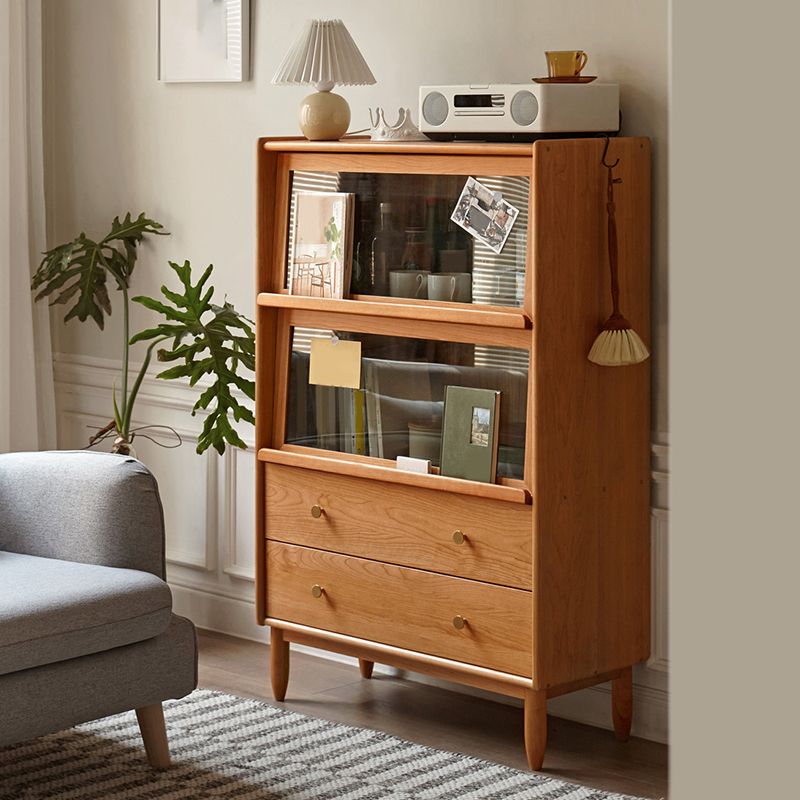 Modern Living Room Curio Cabinet Solid Wood Glass Doors with 2 Drawers