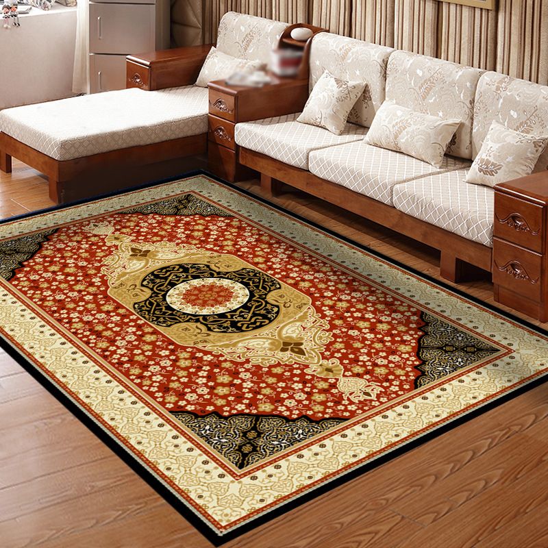 Red Modern Area Carpet Traditonal Pattern Polyester Area Rug Stain Resistant Rug for Home Decor