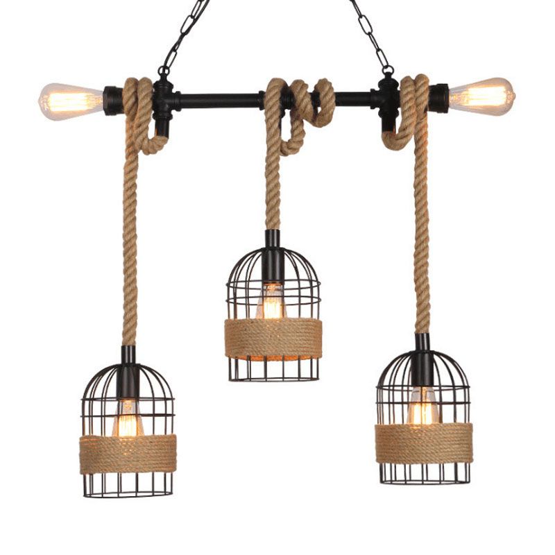 Hemp Rope Birdcage Pendant Lighting Rustic 5-Bulb Dining Room Island Light