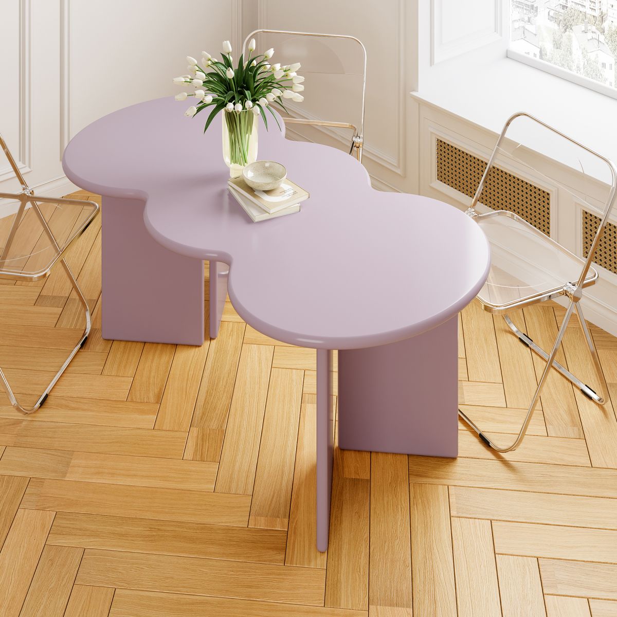 Free Form Solid Wood Dining Table Double Pedestal Furniture in Matte Finish