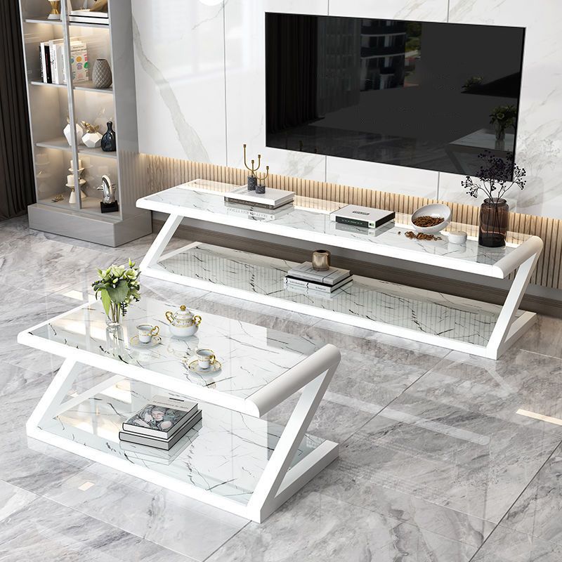 Metal Sled Coffee Table Contemporary Glass Top with Storage Shelf