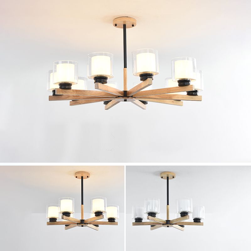 Wooden Chandelier Modern Living Room Suspension Lamp with Glass Shade