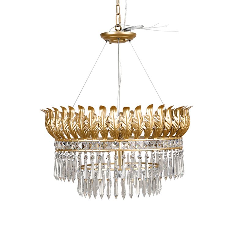 4-Bulb Chandelier Light Fixture Rural 2-Layered K9 Crystal Hanging Pendant in Gold with Leaf Deco