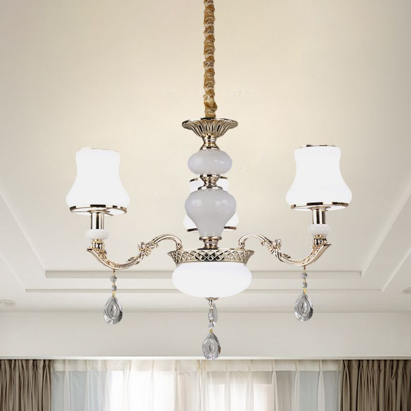 3/6 Lights Chandelier Lighting Vintage Bedroom Ceiling Pendant with Jar Cream Glass Shade in Gold