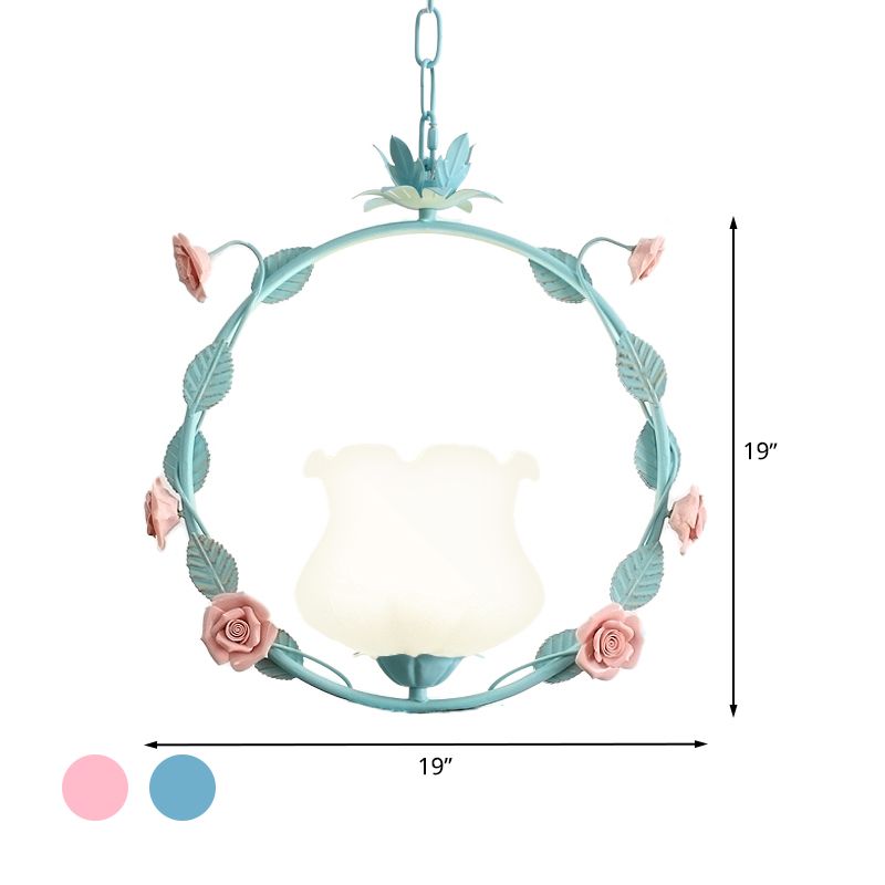 White Glass Round Ceiling Lamp Pastoral 1 Head Dining Room LED Suspension Pendant Light in Pink/Blue