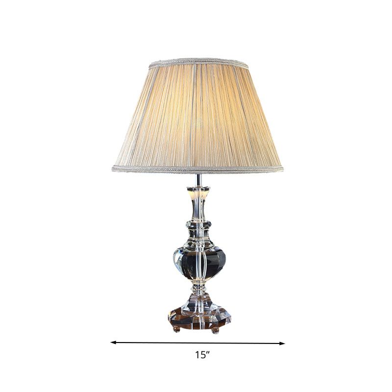 1 Light Fabric Nightstand Lamp Rustic Beige Conical Bedroom Night Light with K9 Crystal Accent