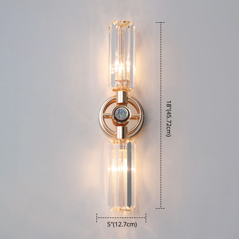 Gold Cylindrical Wall Lamp in Modern Luxury Style Wrought Iron 2-Light Wall Sconce with Crystal Shade