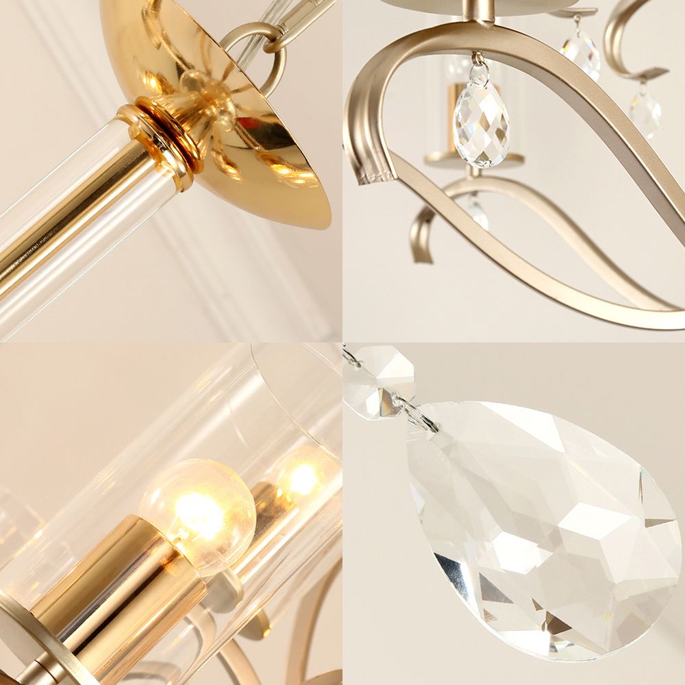 Vintage Style Cylindrical Chandelier Light Clear Glass 6/8 Lights Hanging Light with Crystal Drop in Champagne