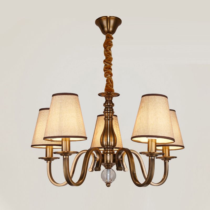 5/8 Heads Chandelier Lighting Fixture with Conical Shade Fabric Vintage Living Room Hanging Pendant in Brass