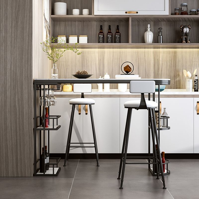 Glam White Stone Bar Dining Table Iron Double Pedestal Bistro Table with Shelf