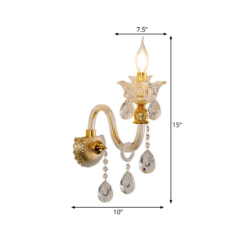1/2-Bulb Clear Glass Coated Wall Lamp Vintage Gold Candle Style Lounge Sconce Light with Undulated Arm