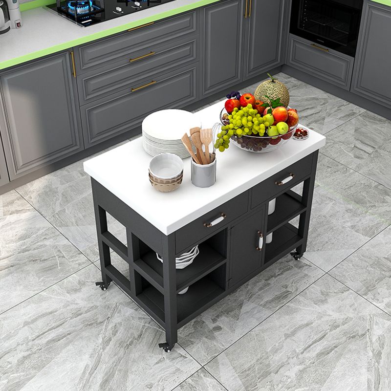 Faux Marble Rectangular Kitchen Island Cart with Black Metal Base