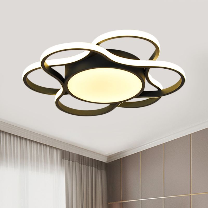 LED Restaurant Ceiling Lamp Simple Black Flush Mount Lighting with Round and Flower Metallic Shade in Warm/White Light