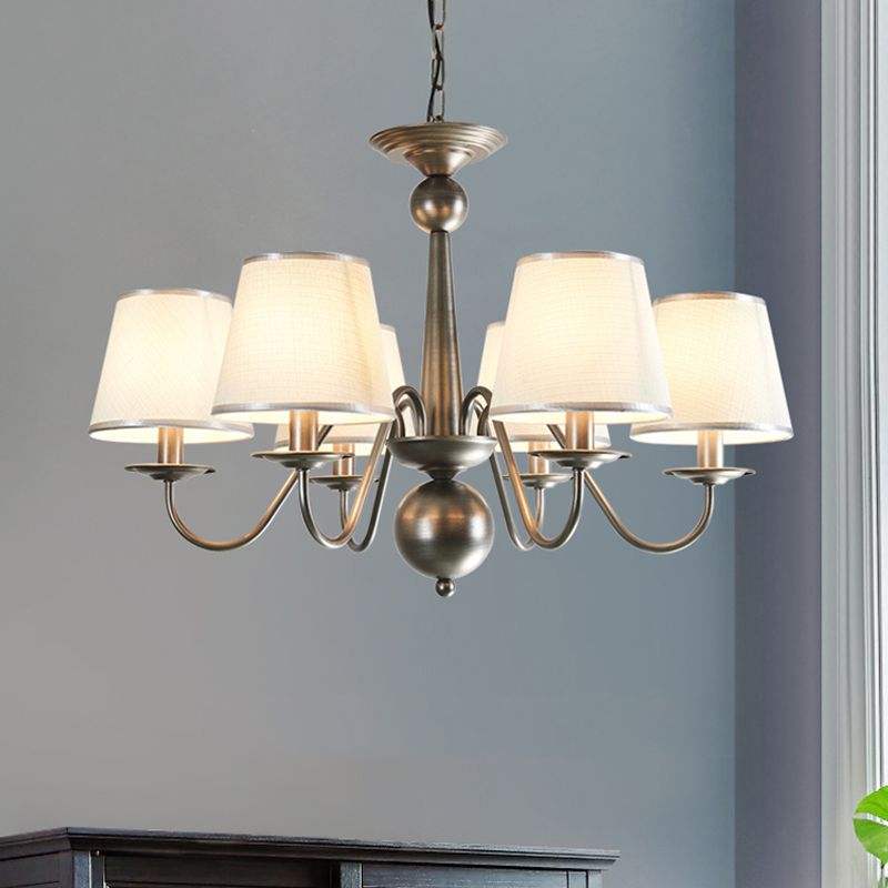 Metal Silver/Blue/White and Silver Hanging Light Curving Arm 6 Lights Rustic Pendant Chandelier with Cone Fabric Shade