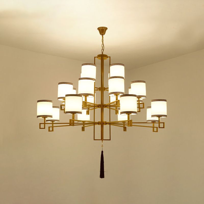 Cylindrical Fabric Suspension Lamp Retro Lobby Living Room Chandelier with Tassel
