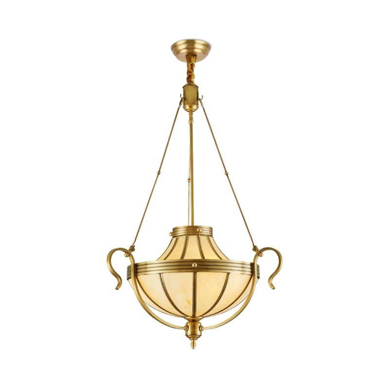 3 Bulbs Jar Ceiling Chandelier Rustic Opal Frosted Glass Suspended Lighting Fixture in Brass