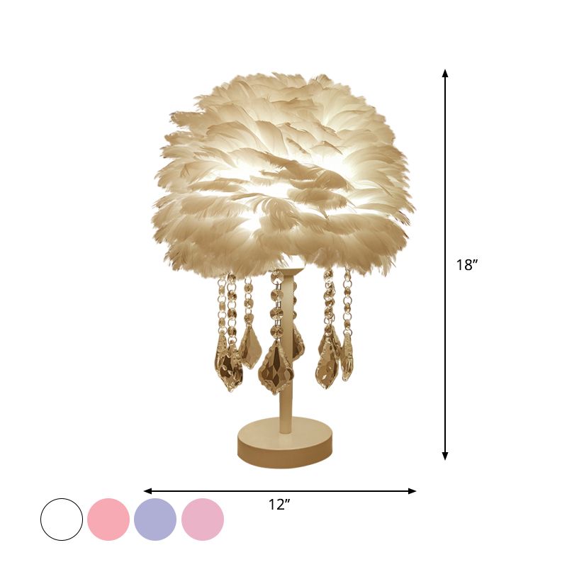 Hemisphere Feather Table Lamp Modern Single-Bulb Grey/White/Pink Night Light with Crystal Ball/Drop