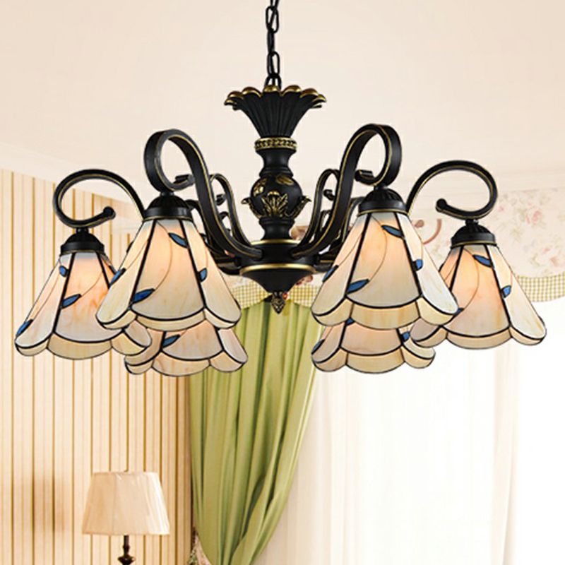 6 têtes CHANDELER DE LA LAMPE DE PROSDE CONICAL MEDITRANANIEN AVEC ARGET SCALLOPED