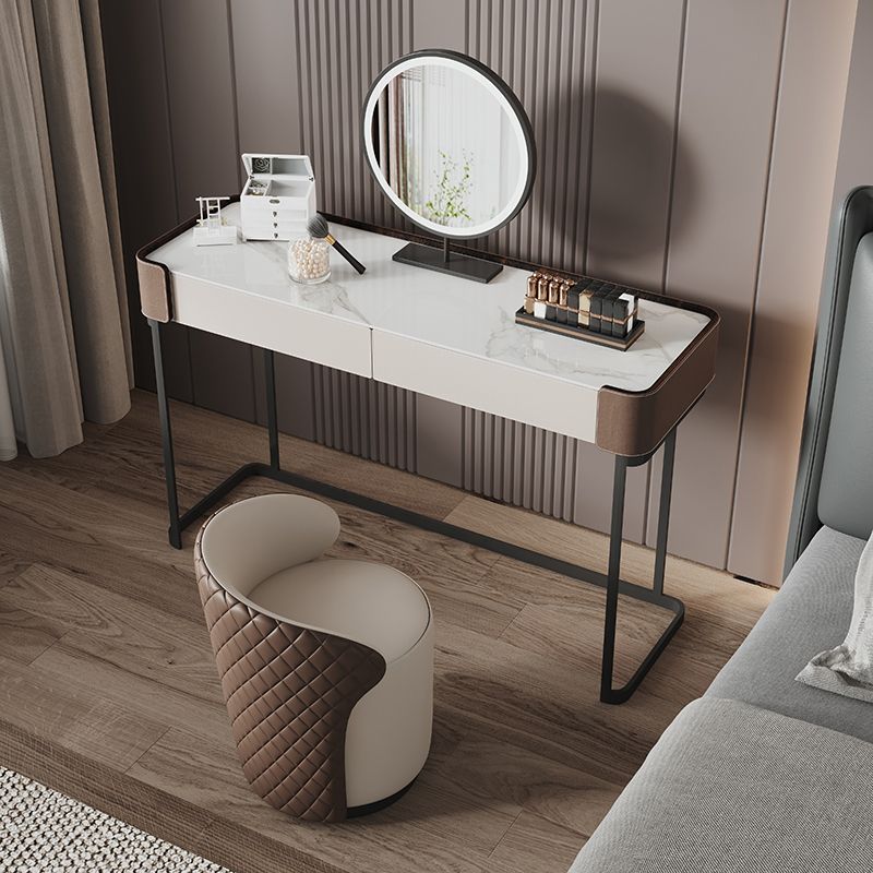 2-Drawer Vanity Makeup Table Stool Set Stone Top Dressing Table