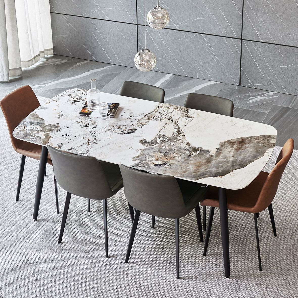 Contemporary Stone Dining Table Set 1/4/5/7 Pieces Dining Set with Solid Back Chairs