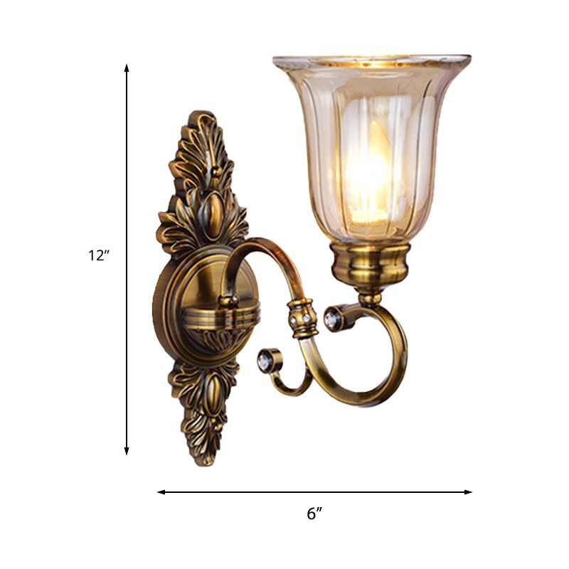 1/2-Light Clear Glass Wall Light Traditional Bronze Bell Shade Dining Room Sconce Light with Curvy Arm