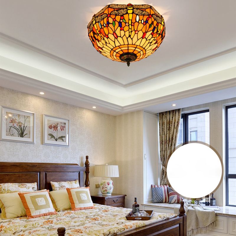 3 Lights Ceiling Fixture Tiffany Style Glass Flush Mount Lamp