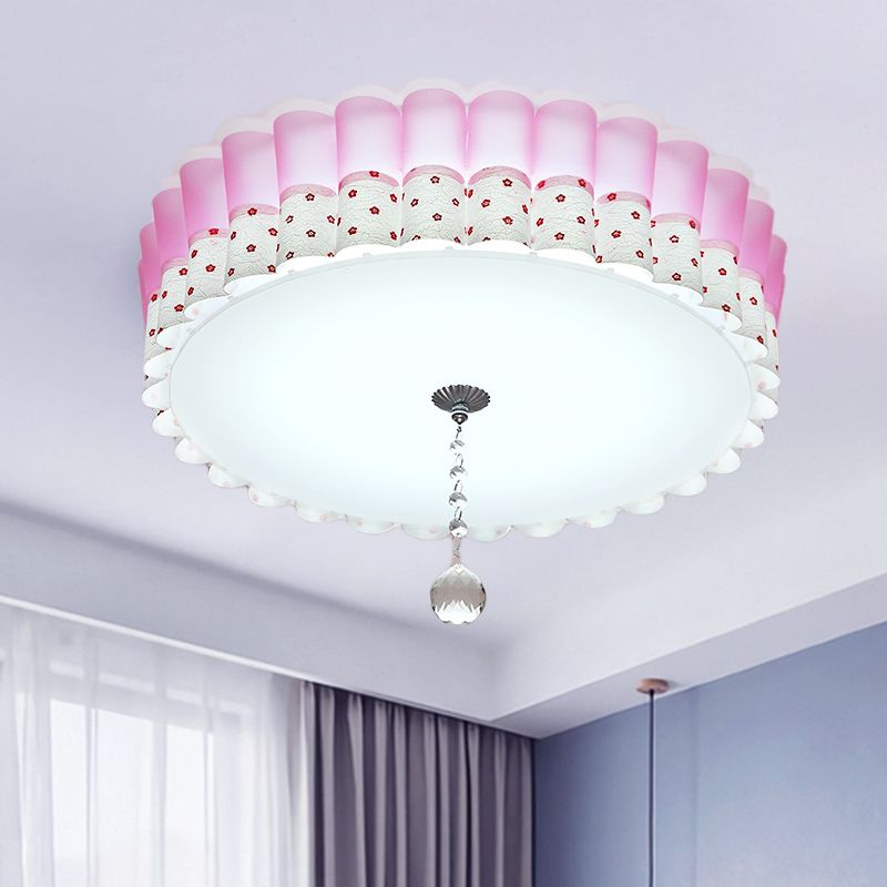 Pink Drum Flush Mount Lighting Pastoral Acrylic LED Bedroom Ceiling Light with Wavy Trim and Crystal Ball